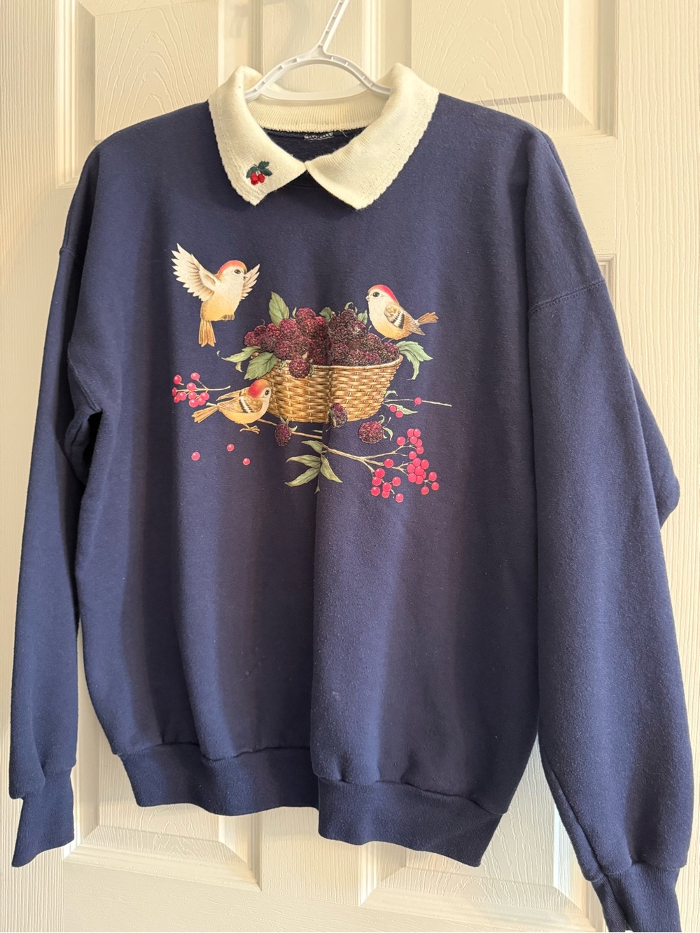 Vintage  Navy Sweatshirt  with Cream Collar and Bird Basket Motif